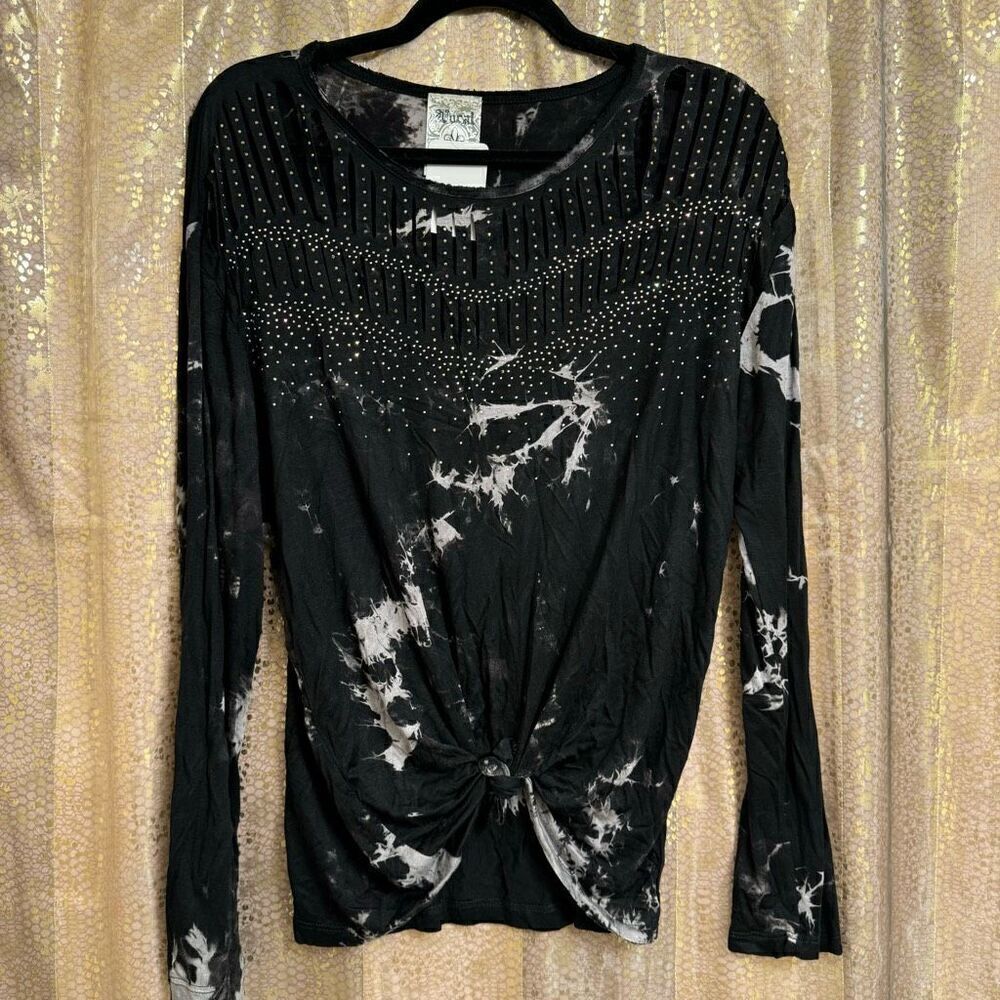 Vocal Black Bling Rhinestone Laser Cut Tie Dye Long Sleeve T Shirt Small NWT